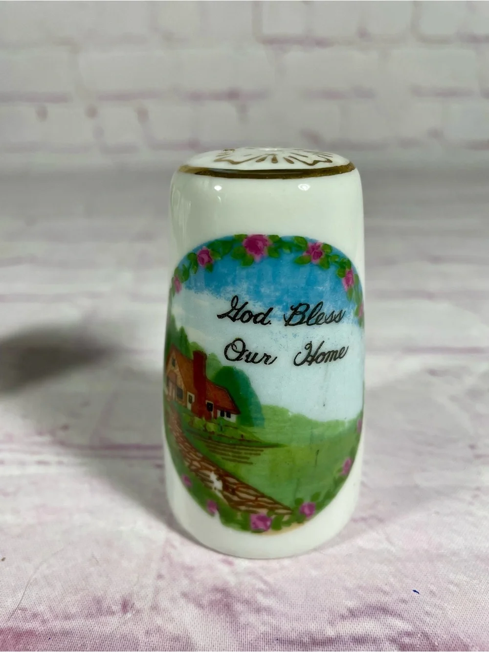 Vintage God Bless Our Home Gold Gilt Porcelain Salt and Pepper Shaker Pair